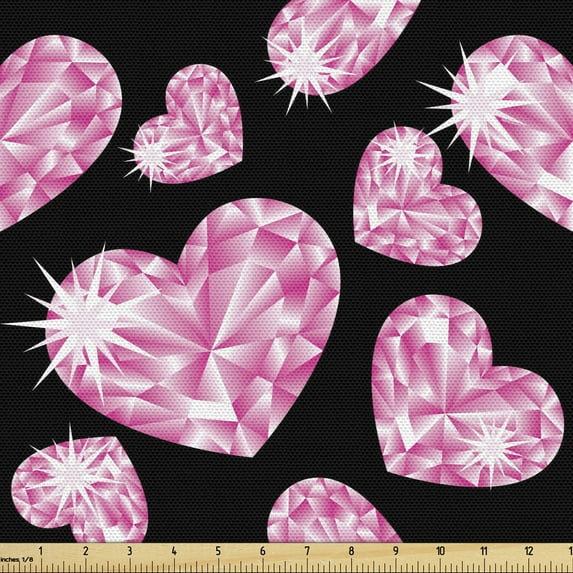 Diamonds Upholstery Fabric by the Yard, Romantic Pink Heart Stones on Black Background Valentines Day Theme, Decorative Fabric for DIY and Home Accents, 2 Yards, Pale Pink Black by Ambesonne