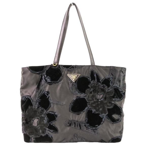 Pre-Owned PRADA Velvet Flower Nylon Tote Bag, Black, Women's
