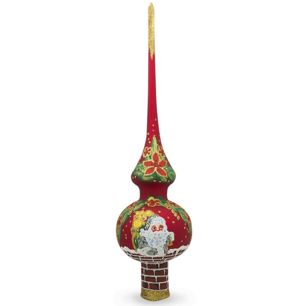 BestPysanky Santa Claus in Chimney Red Glass Christmas Tree Topper 11 Inches