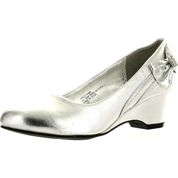 Little Angel Girls Hailey-488E Round Toe Bow Kiddie Heel Wedge Sandal, Silver PU, 11