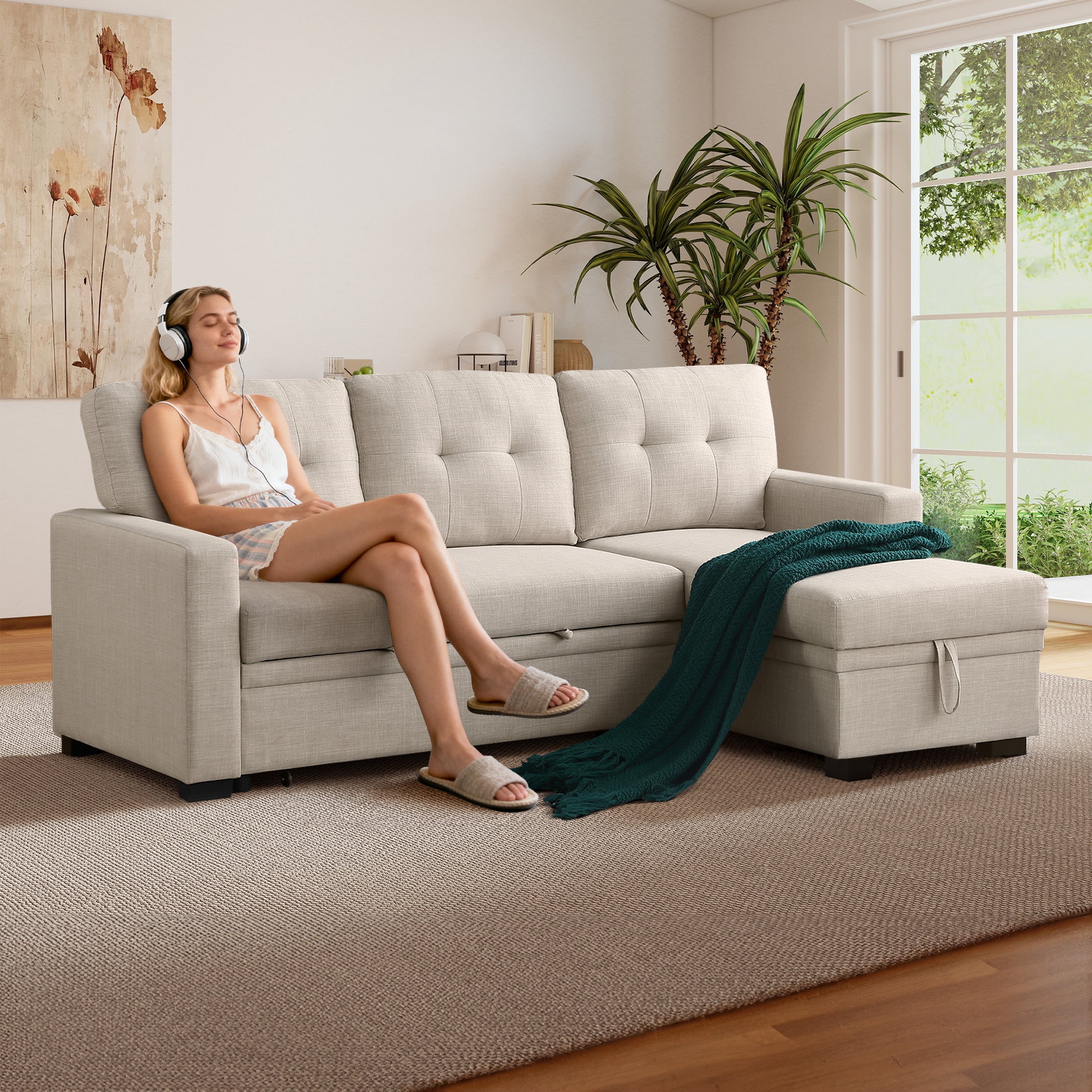 Aukfa Premium Pull-Out Sleeper Sofa Bed with Storage Chaise, Contemporary 3-Seater Couch for Living Room, Beige