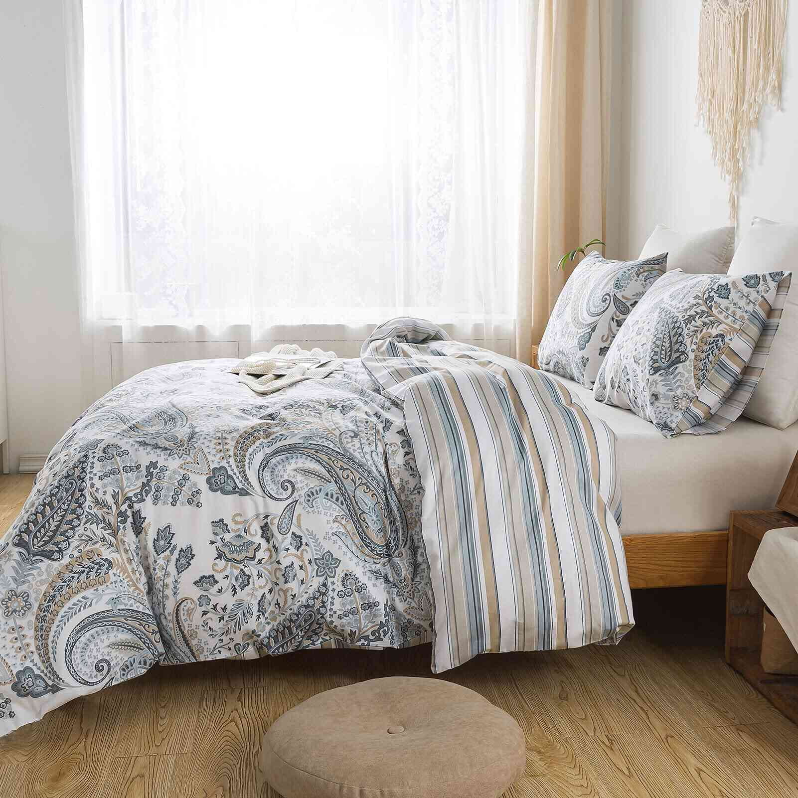 HoneiLife 3pc Duvet Cover King Size - 100% Cotton Comforter Floral Breathable Duvet Cover with Zipper Closure & Corner Ties, Dark Grey