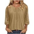 thumbnail image 3 of ClodeEU Women's Lace Patchwork 3/4 Sleeve Crewneck Top ,Solid Color Casual Spring Summer Blouse Khaki,Women's Plus M, 3 of 7