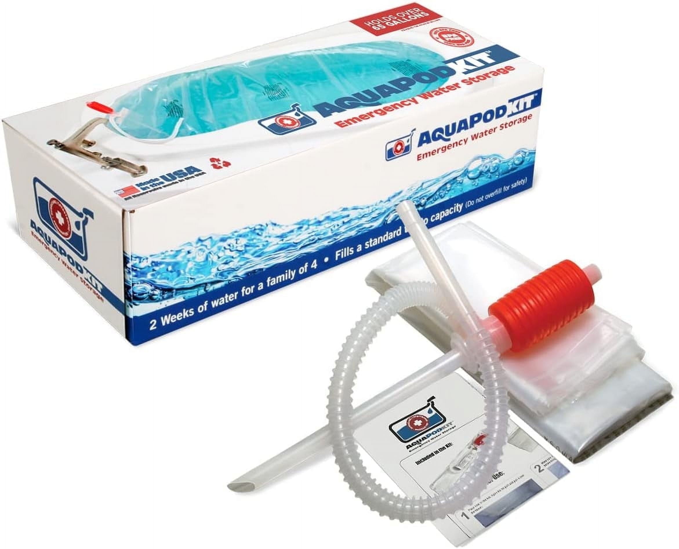 Aquapodkit 65-100 Gallon Emergency Water Storage Bladder BPA Free Food Grade Bathtub Kit with Hand Pump Hurricane Supply - Made in USA! (Box kit)