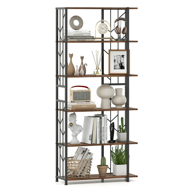 Gymax 6-Tier Bookshelf w/Heavy-duty Metal Frame2 Anti-tipping Kits for Living Room Rustic Brown