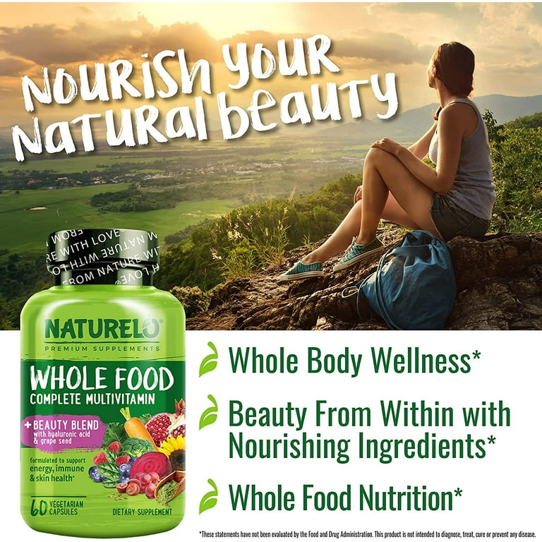 NATURELO Whole Food Multivitamin with Hair, Skin & Nails Support   Hyaluronic Acid, Grape Seed, Biotin, Vitamin C - Walmart.com
