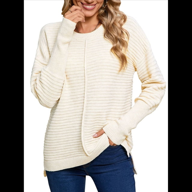 Suéter de Punto Acanalado con Cuello Redondo para Mujer, Moda de Otoño, Suéter Holgado de Larga con de Murciélago y Abertura Lateral Crema XL