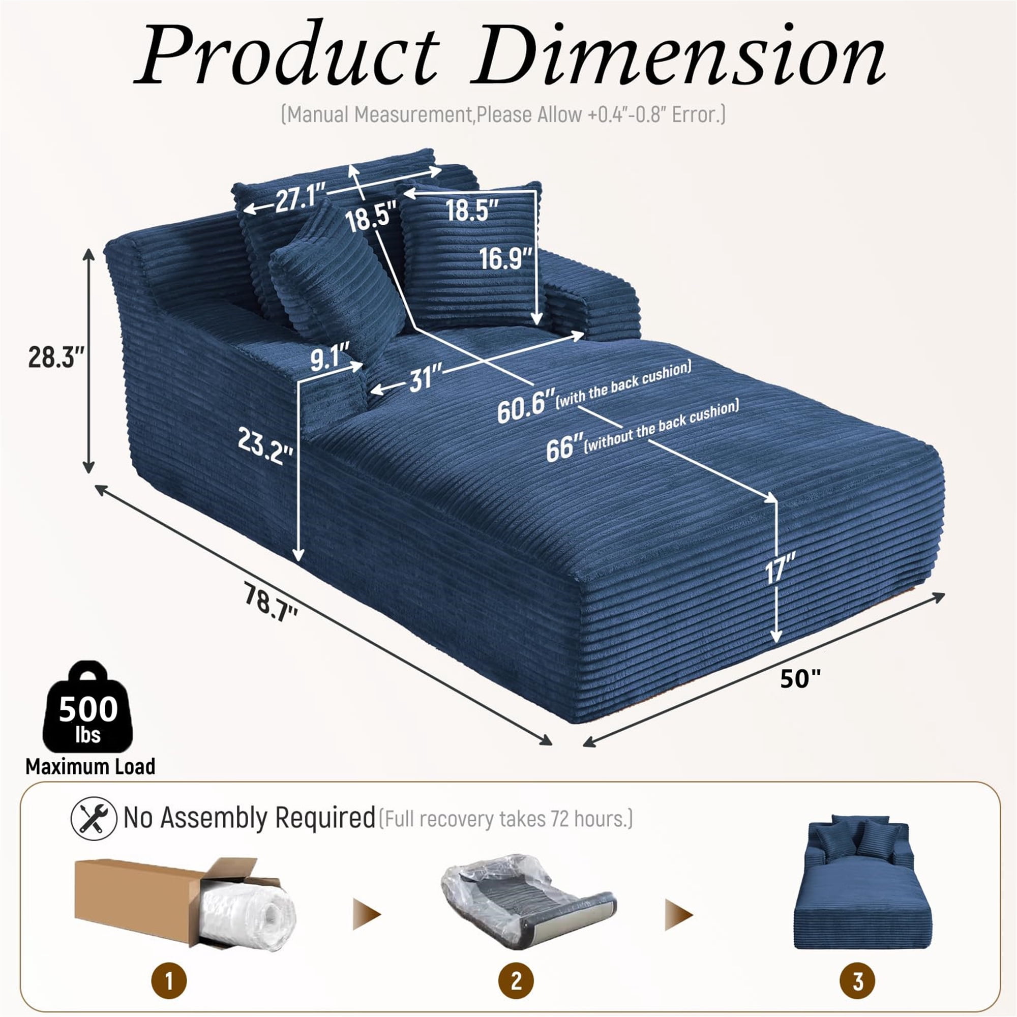 Aukfa Chaise Lounge Oversized Indoor Chair Boneless Couch for Living Room, 3Pillows, Blue