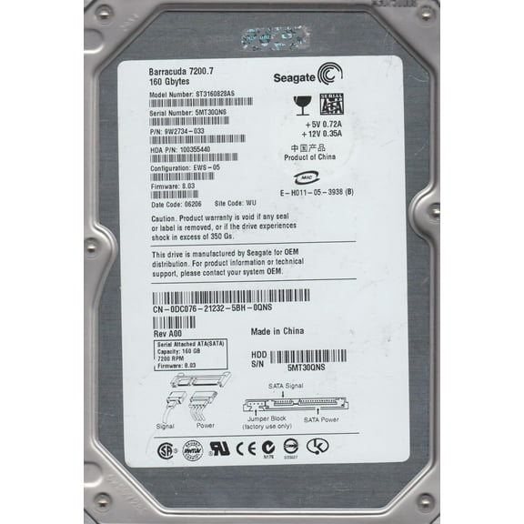 ST3160828AS, 5MT, WU, PN 9W2734-033, FW 8.03, Seagate 160GB SATA 3.5 Hard Drive