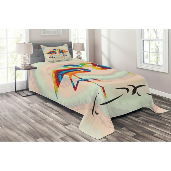 Ambesonne Flamingo Quilted Coverlet 2 Pcs, Valentines Funky Birds, Twin Size, Multicolor