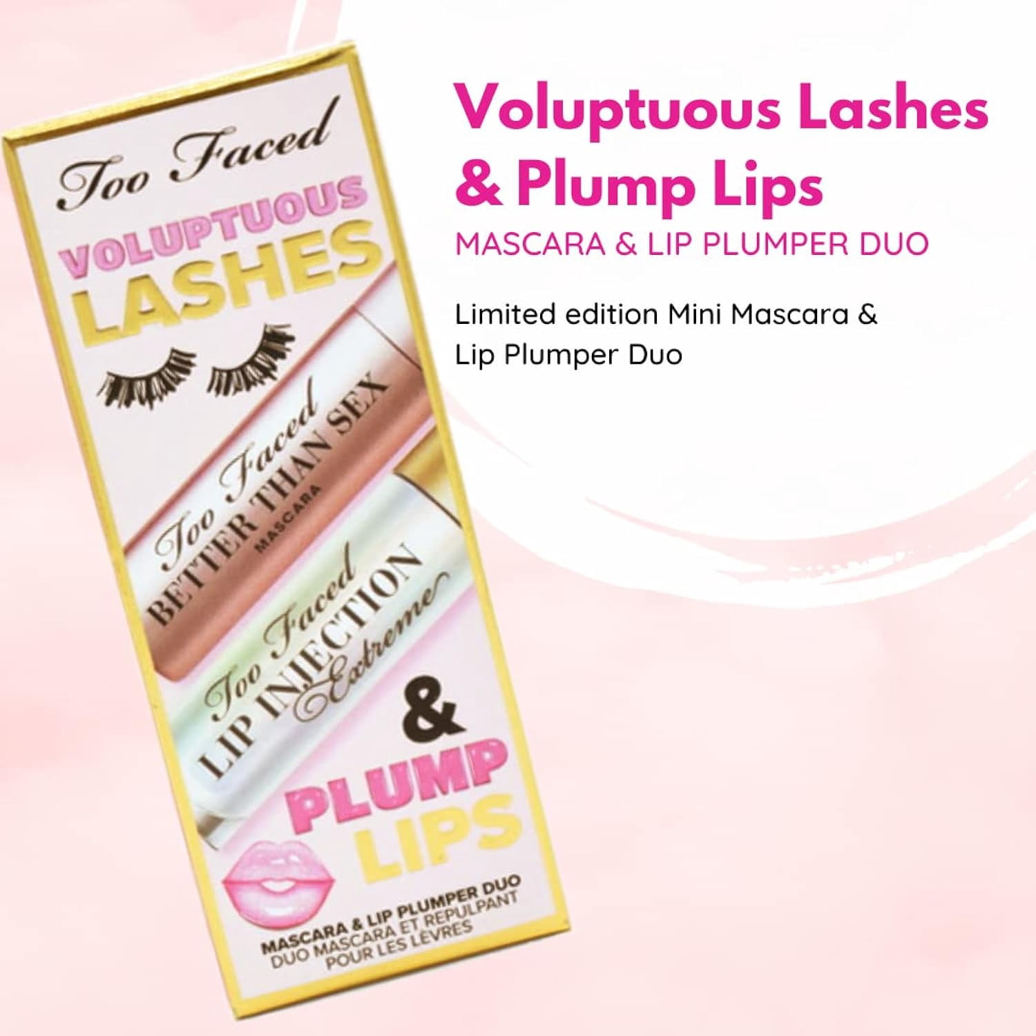 Too Faced Voluptuous Lashes and Plump Lips Mascara and Lip Duo Mini Makeup Gift Travel Size Set:: Better Than Sex Mascara for Volumizing Lashes, Lip Injection Extreme Lip Gloss Plumper,