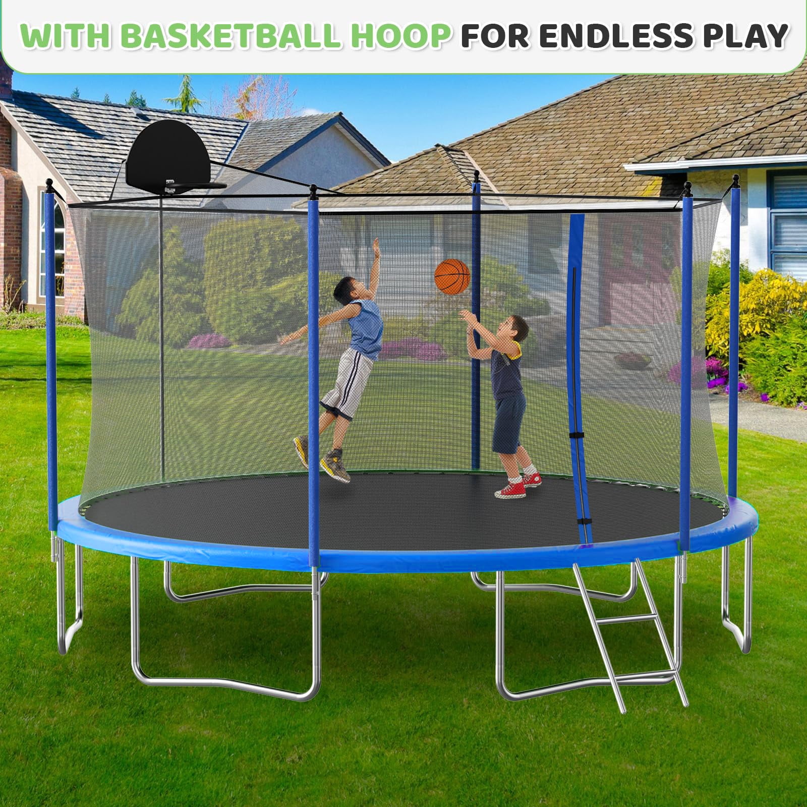 LIZEVINC 12FT Trampoline for Kids with Enclosure Net, Basketball Hoop and Ladder,Easy Assembly Round Outdoor Recreational Trampoline High Stability