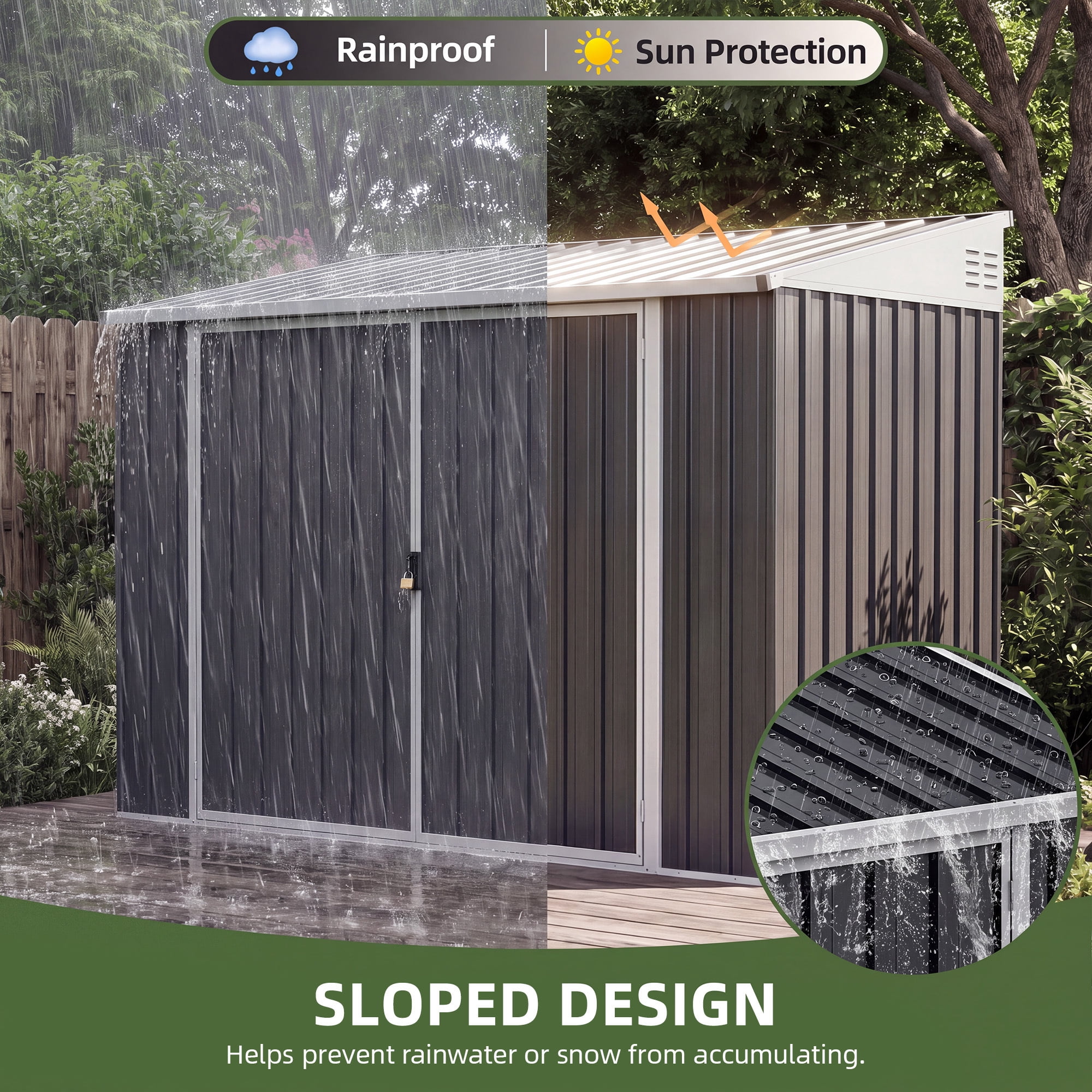Uforic 7' x 4' Outdoor Weatherproof Storage Shed, Metal Bike Shed with Lockable Doors, Garden Storage for Lawn Equipment, Tools and Trash Cans, Dark Gray