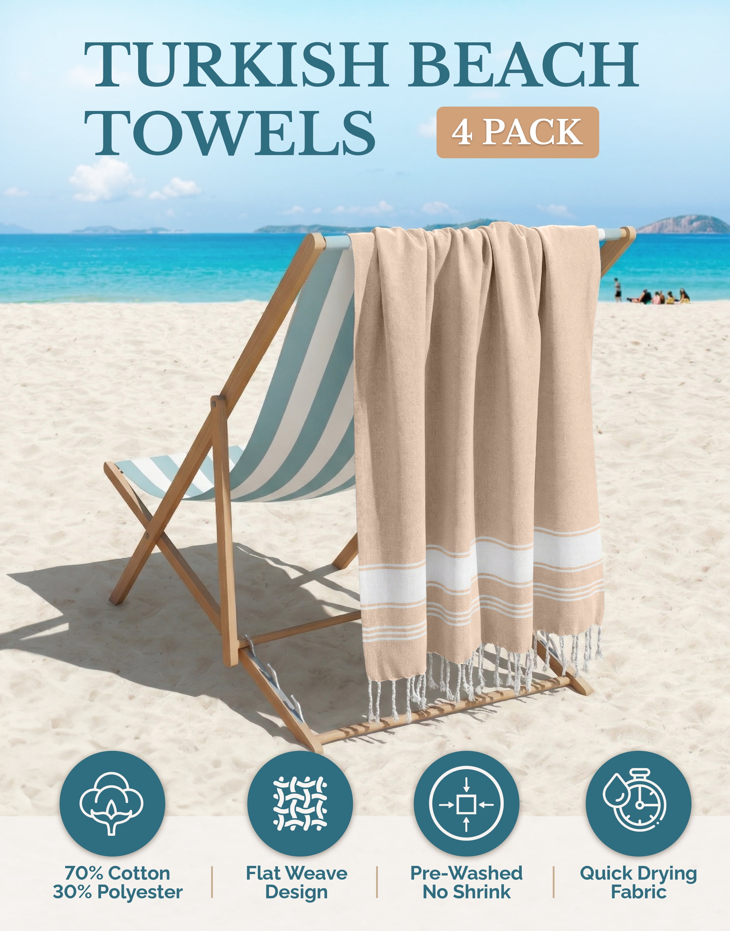 Casa Platino Cotton Beach Towels 4 Pack – Oversized, Sand Free, Ideal for Travel and Family Fun at the Beach – Beige