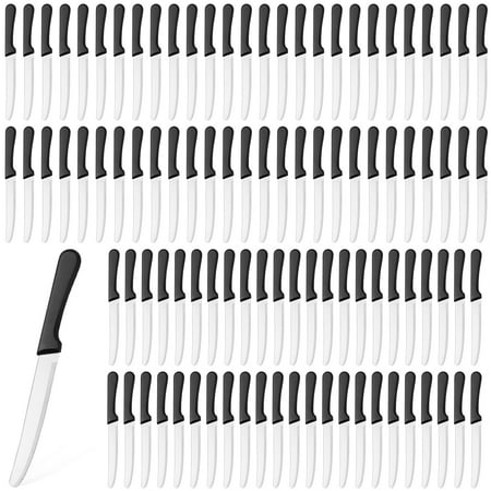 

Zhehao 100 Pcs 8.39 Inches Stainless Steel Steak Knives Set Rounded Head Serrated Steak Knife with Plastic Black Handle Round Tip Blade Kitchen Steak Knives for Restaurant Gift Party C43