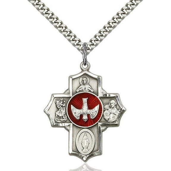 Extel Large Sterling Silver Traditional Catholic 5-Way Cross Cruciform Pendant with 24" chain with Miraculous Medal, St. Joseph, St. Christopher and Sacred Heart, Made in USA