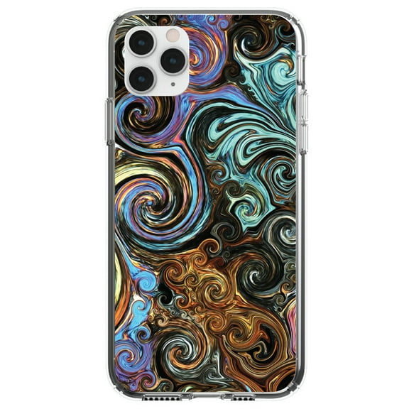 DistinctInk Clear Shockproof Hybrid Case for iPhone 11 Pro MAX (6.5" Screen) - TPU Bumper, Acrylic Back, Tempered Glass Screen Protector - Gold Brown Black Blue Abstract Swirls - Abstract Swirls