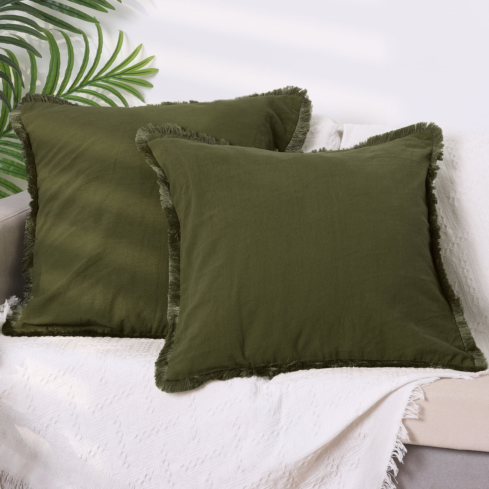 Unique Bargains 4 Pcs Cotton Throw Pillow Cover with Tassel Trim for Home Decor Green/Gray 18" x 18"