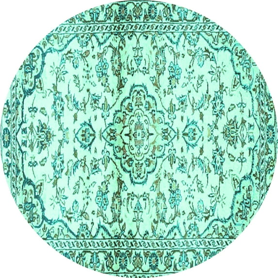 Ahgly Company Machine Washable Indoor Round Persian Turquoise Blue Traditional Area Rugs, 4' Round