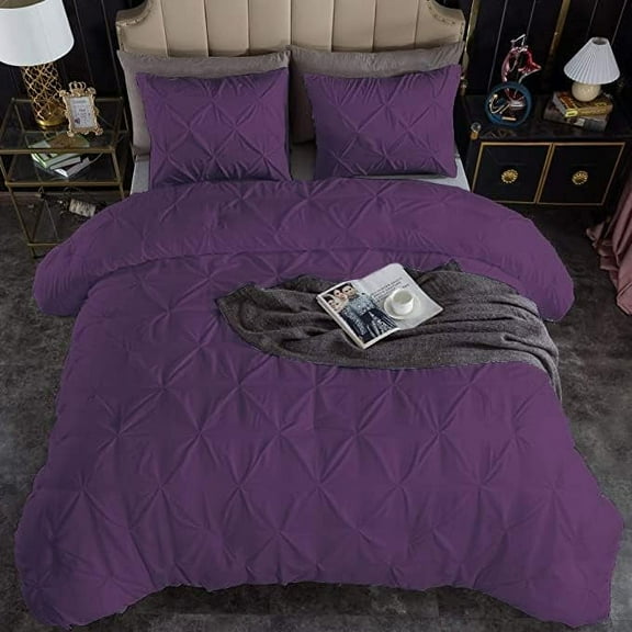 3 Pcs Pinch Pleated Duvet Cover Set 100% Egyptian Cotton 1000 Thread Count with Zipper Closure & Corner Ties Pintuck Bedding Duvet Cover - Oversized Super King Size (120" x 98") Inch, Plum