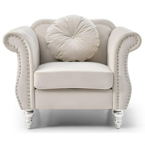 Passion Furniture Hollywood Ivory Chesterfield Tufted Velvet Accent Chair with Round Throw Pillow