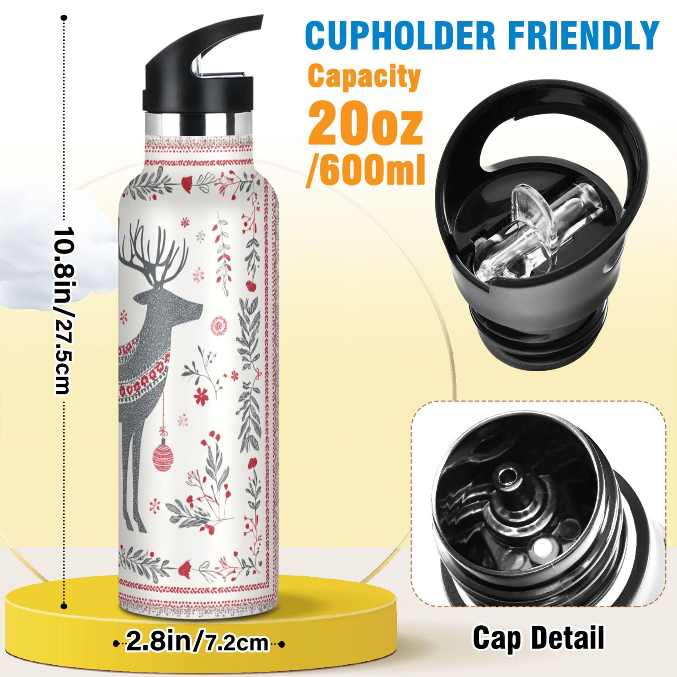 600ML Stainless Steel Insulated Cup Sports Water Bottle Portable Thermos Cup Water Glasses Insulated Tumblers Convenient and Durable Reindeer Pattern