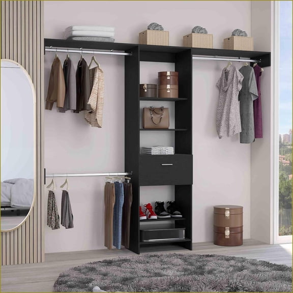 Closet System with 1 Drawer, 3 Metal Rods, 5 Open Shelves | Black | Engineered Wood