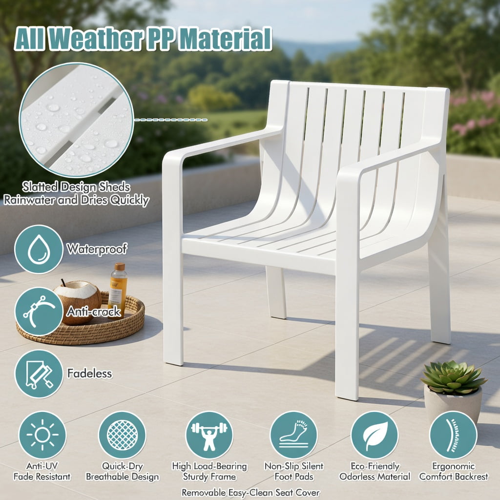 Hommoo 2-Piece Outdoor Patio Chair Set, Ergonomic Curved Back & Seat, Weather-Resistant PP Chairs for Deck, Poolside & Backyard, White