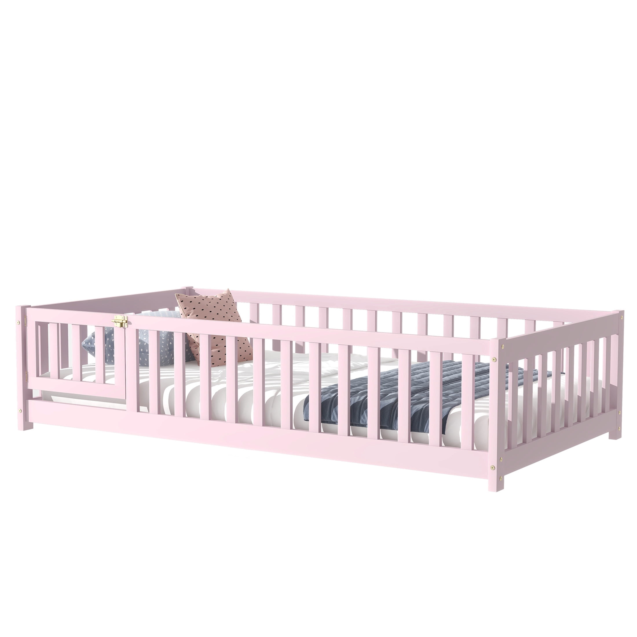 Noble House Mira Twin Floor Bed with Fence and Door, Sturdy Rubber Wood Montessori Bed Frame, Kid's Room, Pink
