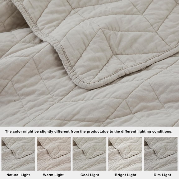 Beige Cotton Quilt King Size Bedding Sets with Pillow Shams, White Lightweight Soft Bedspread Coverlet, Tan Cream Quilted Comforter Bed Cover for All Season, 3 Pieces, 106x96 inches