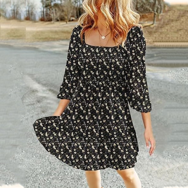 WILLBEST Vestidos de Dama para Mujer, Vestidos de Primavera y Verano, Estilo Bohemio, con Flores, Cuello Cuadrado, Fruncido, Manga 3/4, Informal, Corte A, Minivestido con Vuelo Mediana