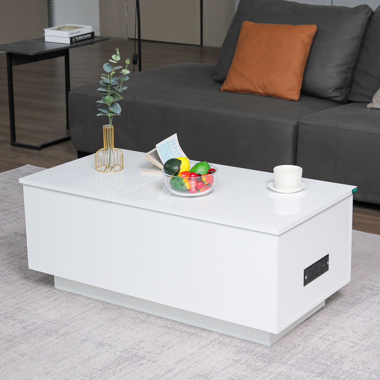 Hommpa LED Lift Top Coffee Table with Charging Station High Gloss ...