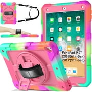 SUPNICE Rugged Case for iPad 9.7 Inch 2018/2017, 3 Layer Hybrid Shockproof [360 Rotating Stand] [Hand Strap] [Pencil Holder] Kids Case, iPad 6th Generation Case, iPad 5th Generation Case, Pink