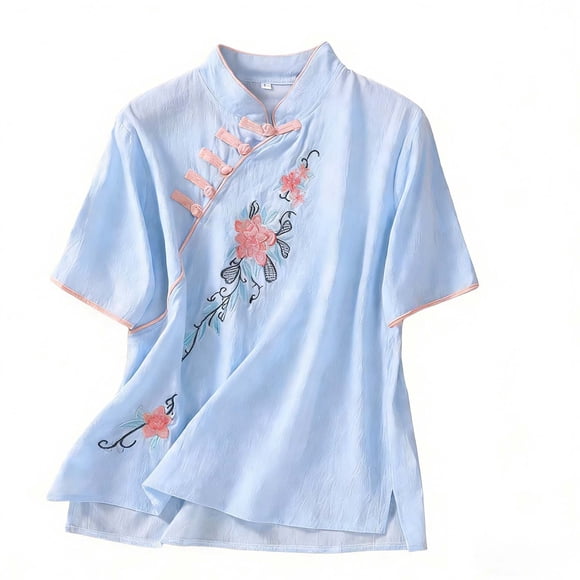 Casual Top for Women, Short Sleeve with Embroidery and Pankou Closure, Spring and Summer Blouse in Solid Colors