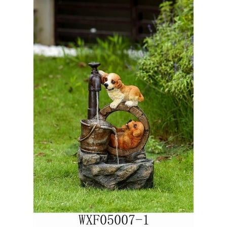 Jeco Playing Dogs Fountain with LED Light in Brown and Yellow