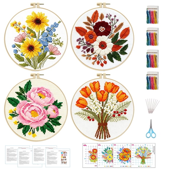 4 Piece Embroidery Kit for Beginners, Floral DIY Sewing Set with Hoop, Thread and Needles, Hand Sewing Craft Kit for Home Projects