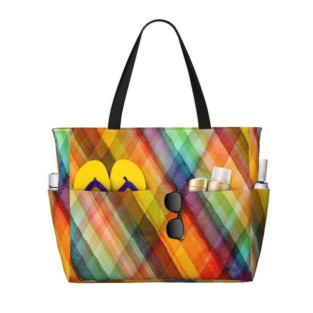 Fotbe Abstract Watercolors Tartan Bolsa de Viaje para Playa - Resistente al Agua, Bolsa Tote de Gran Capacidad y Ligera con 7 Bolsillos para Mujeres y Hombres
