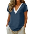 thumbnail image 2 of Cotton Linen Shirts for Women Summer Lace Trim V-Neck Tunic Tops Loose Fit Short Sleeve Tops Casual,Navy,XXL, 2 of 8
