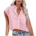 thumbnail image 1 of Pompotops Mode Femme Décontracté Blouse Unie à Poche Manches Courtes Col Rabattu Hauts Blouse Liquidation, 1 of 6