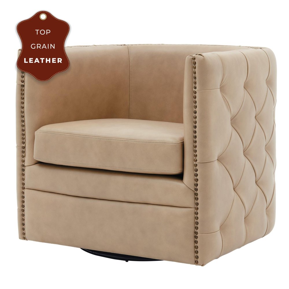 Leslie Top Grain Leather Swivel Tufted Chair Garrett Beige Walmart