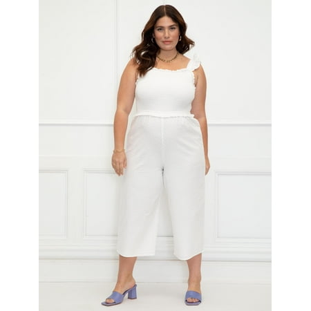 ELOQUII Elements Women's Plus Size Ruffle Shoulder Loop Smocked Bodice Jumpsuit