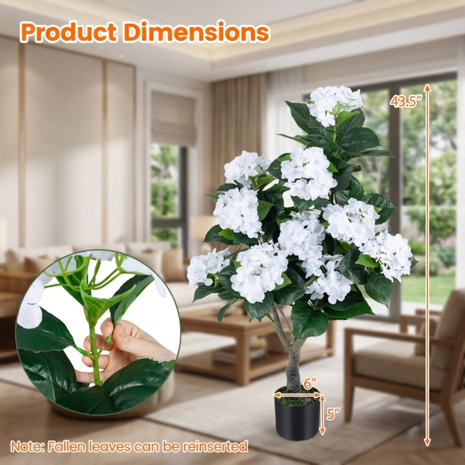 SUGIFT Artificial Hydrangea Tree with 11 White Flowers, Faux Floral Plant with Cement Pot and Silk Blooms for Indoor Living Room Bedroom Decor, White