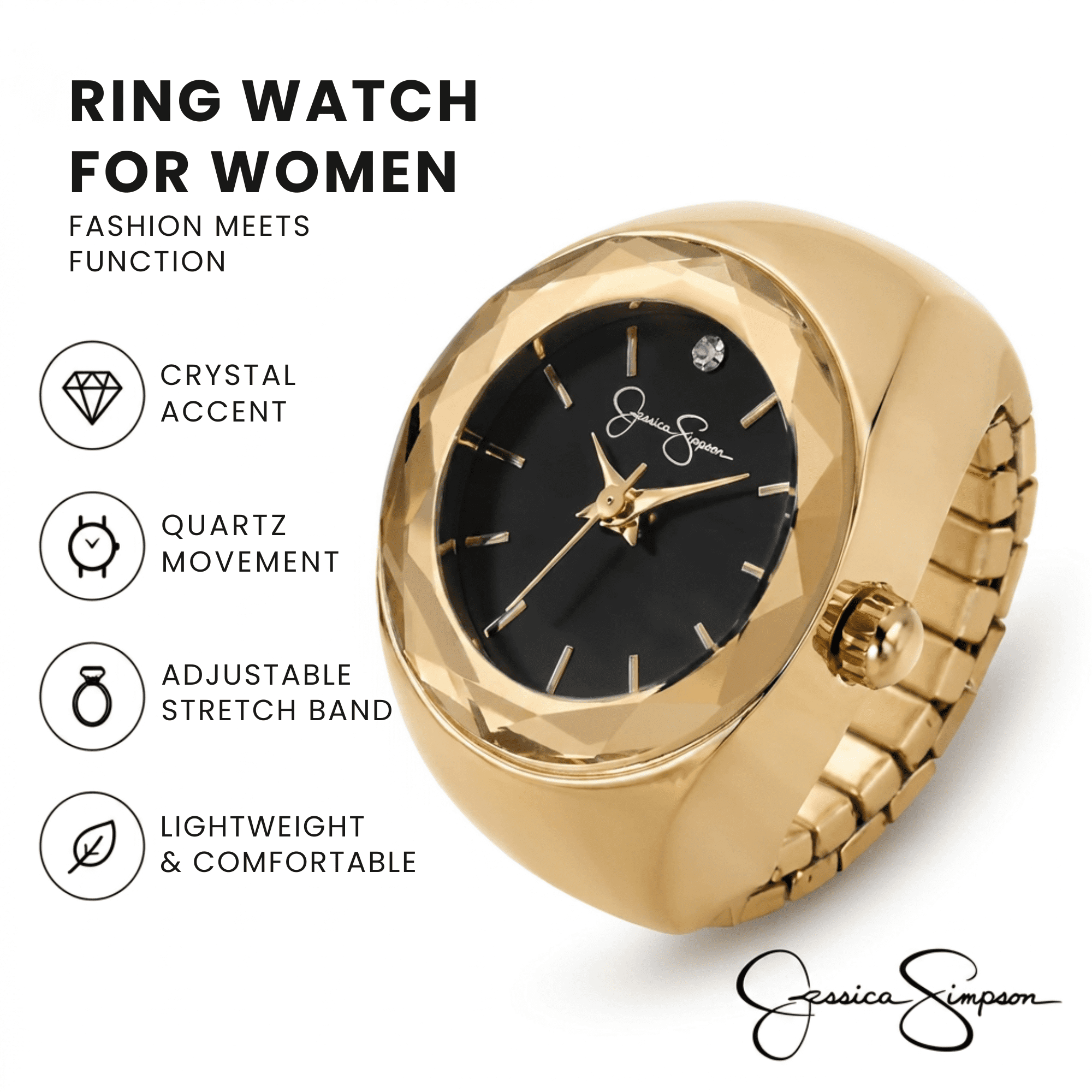 Gold Ring Watch for Women – Adjustable Stretch Band Finger Watch with Crystal Dial, Mini Analog Quartz Watch Ring, Fashion Jewelry Timepiece