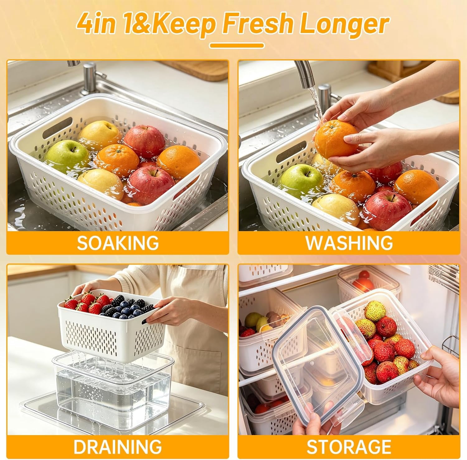3 PCS Fruit Storage Containers for Fridge, Airtight Produce Storage Containers for Fridge, 4-in-1 Fruit and Vegetable Storage, Berry Keeper, Food-Grade & Easy To Clean Material