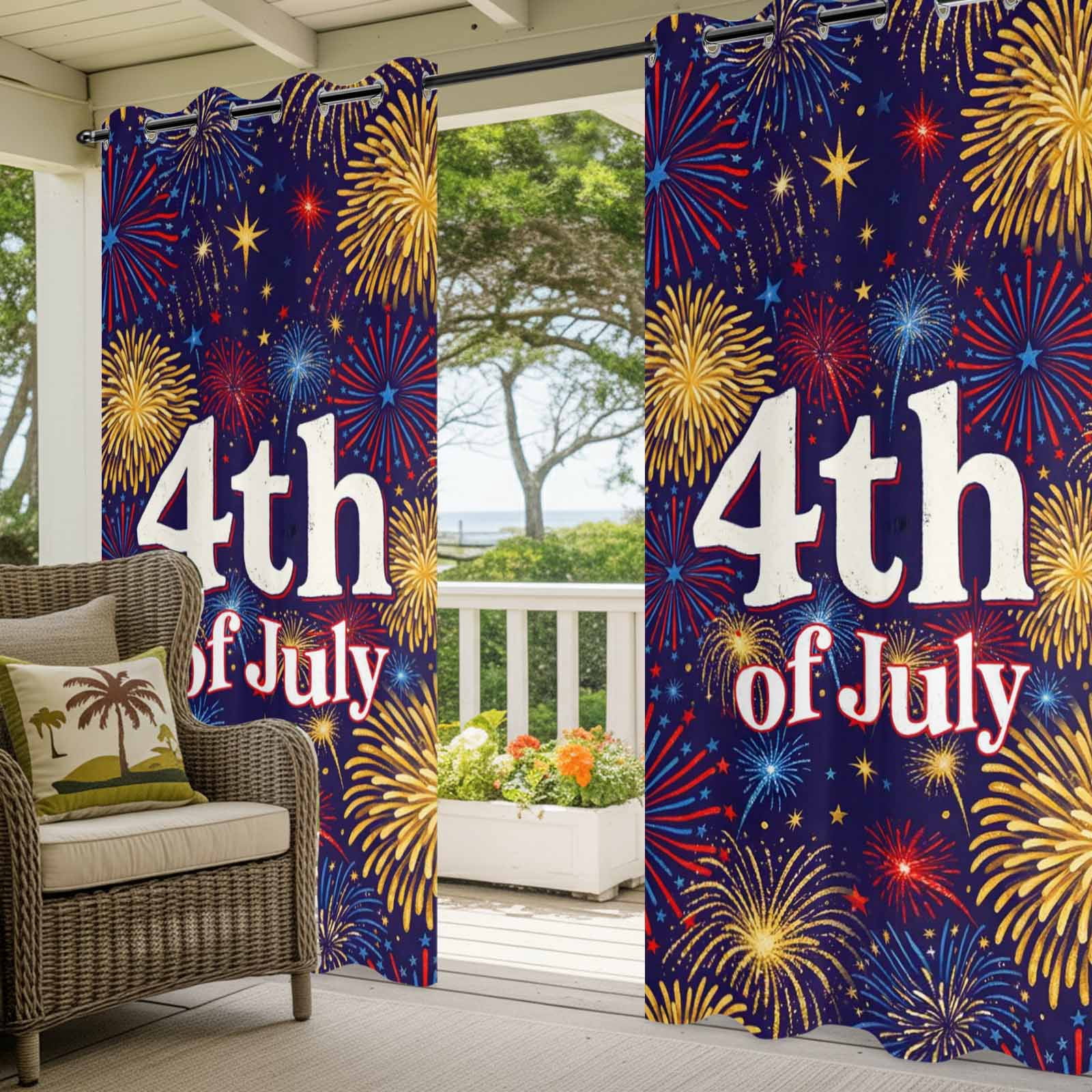 July 4th Outdoor Curtains for Patio, Independence Day Retro Red Blue Yellow Fireworks Dark Blue Sunshade Privacy Drapes Grommet Waterproof Outside Curtains for Porch/Cabana/Balcony 54"x 108", 1 Panel