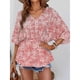 thumbnail image 5 of Mujeres verano Top V cuello impresiones sueltas medias mangas elástico cintura verano camisa Top rojo S, 5 of 8