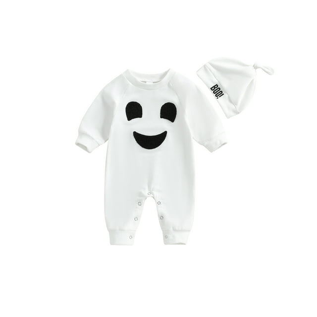 SUNSIOM Ensemble 2 Pcs pour Bébé Halloween Manches Longues Col Rond Combinaison Ghost avec Chapeau Vêtements pour Nourrisson