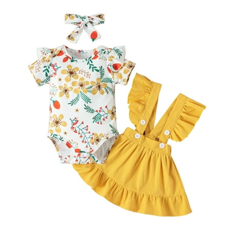 

QWERTYU Newborn Infant Toddler Baby Kids Children Child Outfits Summer Floral Bodysuit and Ruffle Suspender Skirt Set Clothing Set Short Sleeve with Headband for Girl 0-3Y