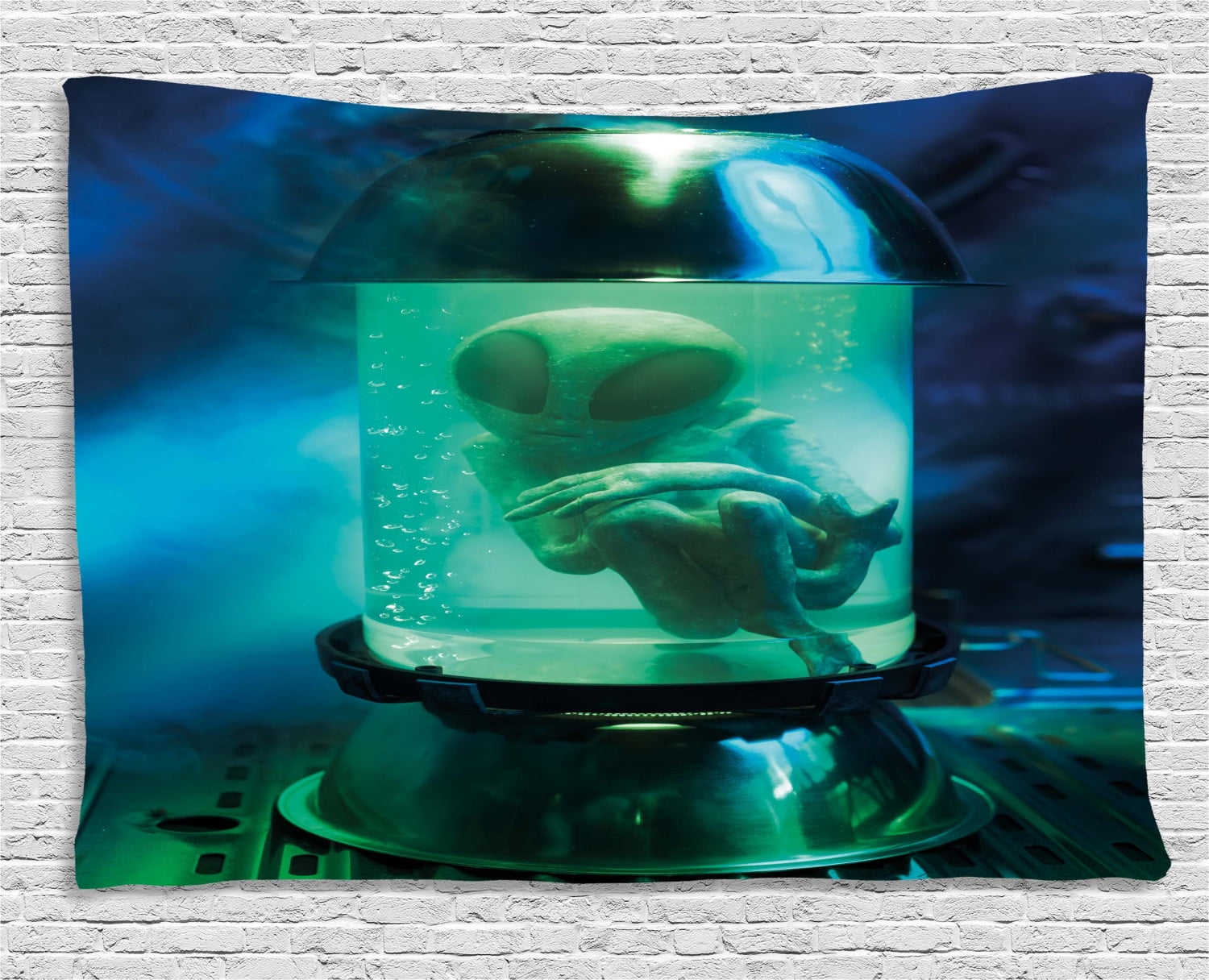 Outer Space Tapestry, Martian UFO Alien in a Aquarium like Tube Artwork