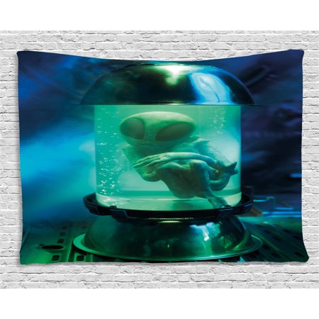 Outer Space Tapestry Martian Ufo Alien In A Aquarium Like Tube Artwork Image Wall Hanging For Bedroom Living Room Dorm Decor 80w X 60l Inches Blue
